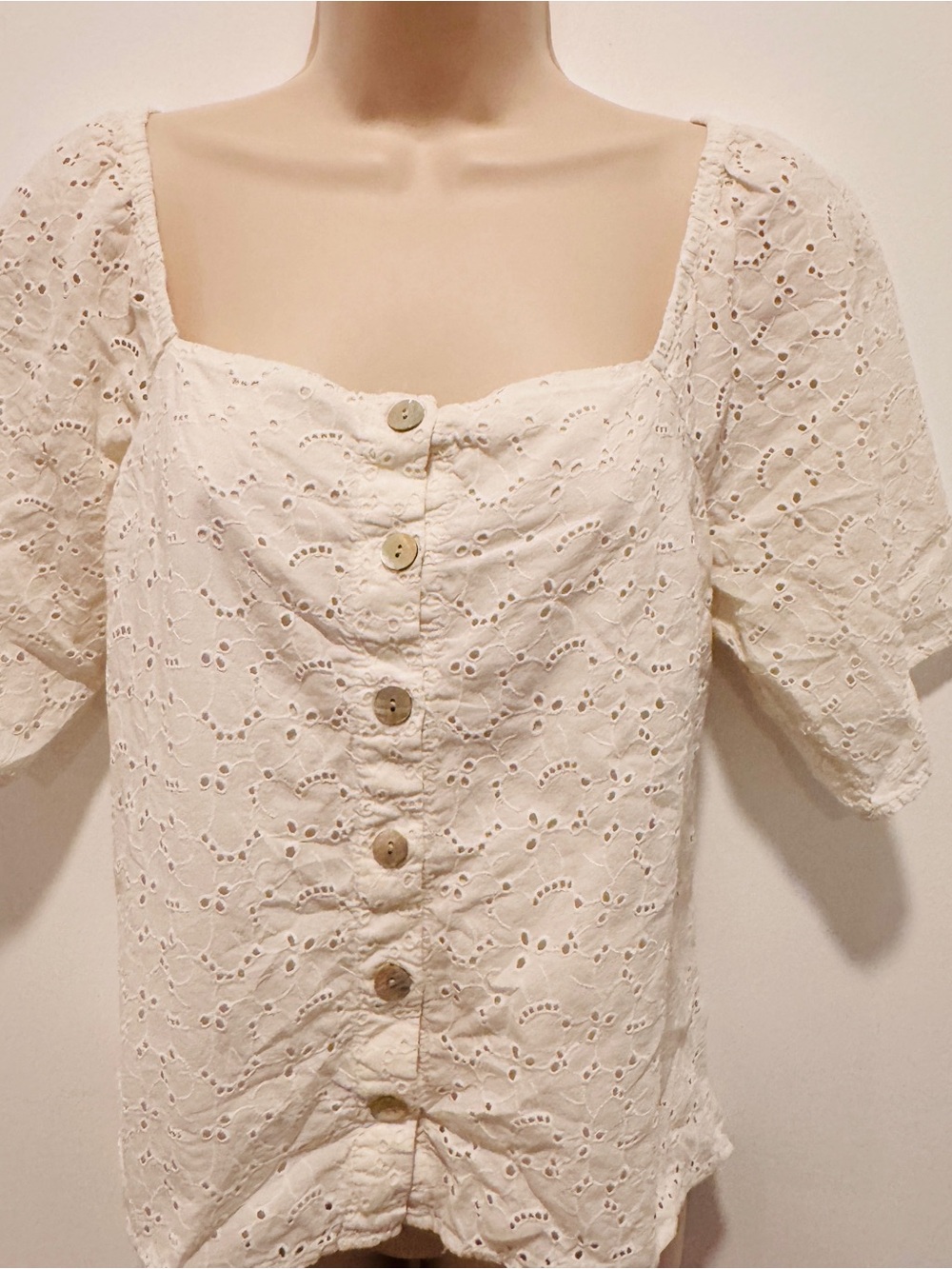 a new day Cream Eyelet Square-Neck Button Front Blouse